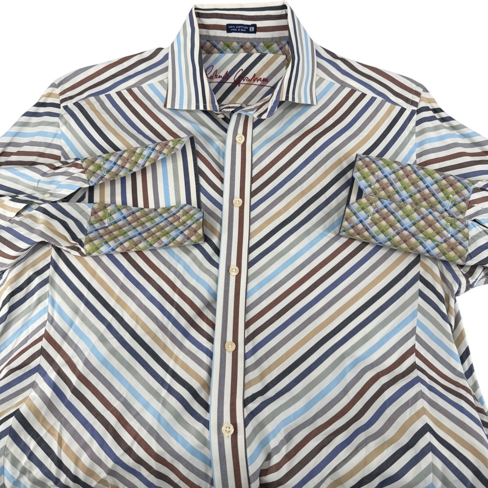 Robert Graham Mens L Multi Color Diagonal Stripe Long Sleeve Button Down Shirt